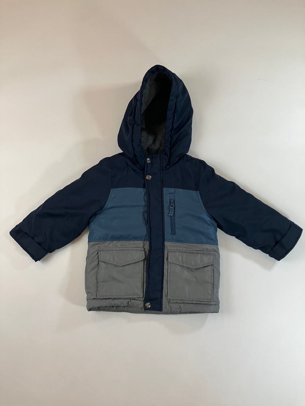 OshKosh B'gosh Boys 3T Colorblock Winter Coat Navy Blue Gray Fleece Lined
